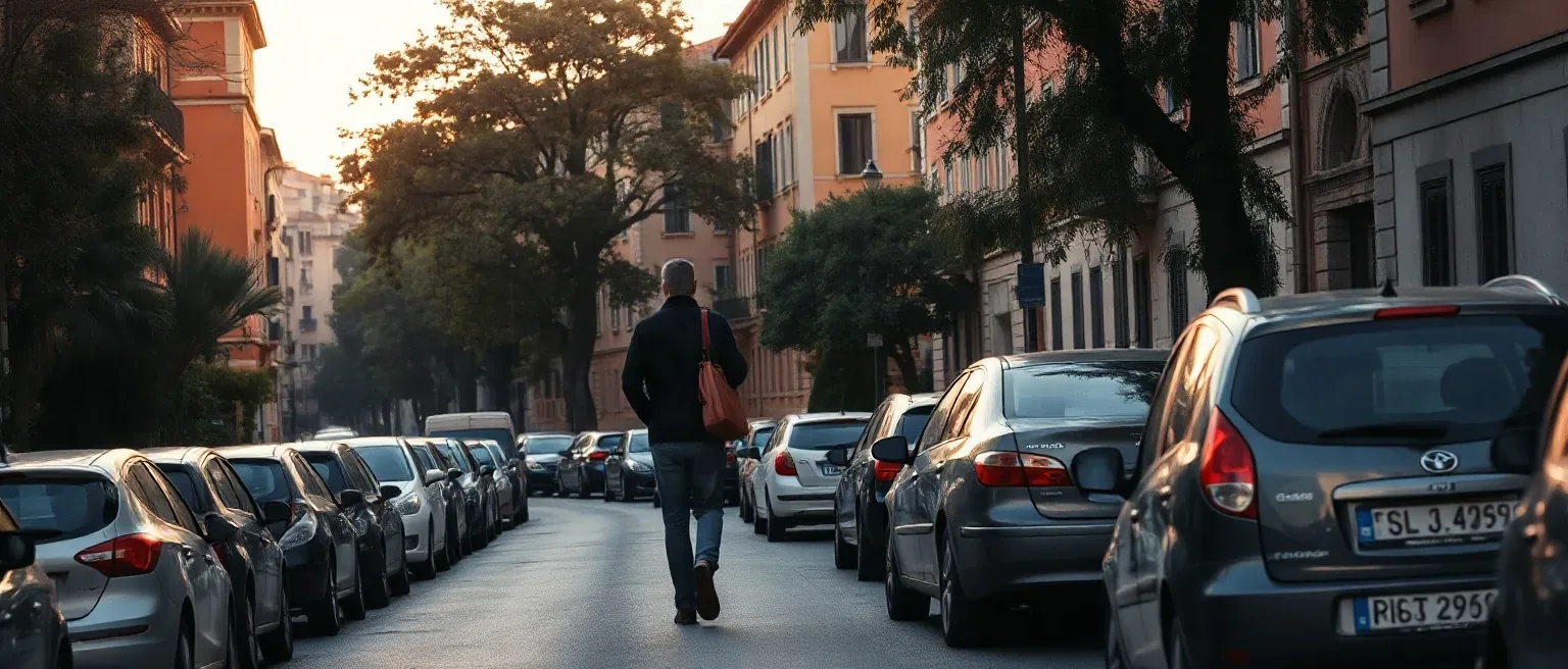 Strada residenziale al mattino presto con le auto parcheggiate, i platani e le facciate color ocra, una persona con la borsa a tracolla