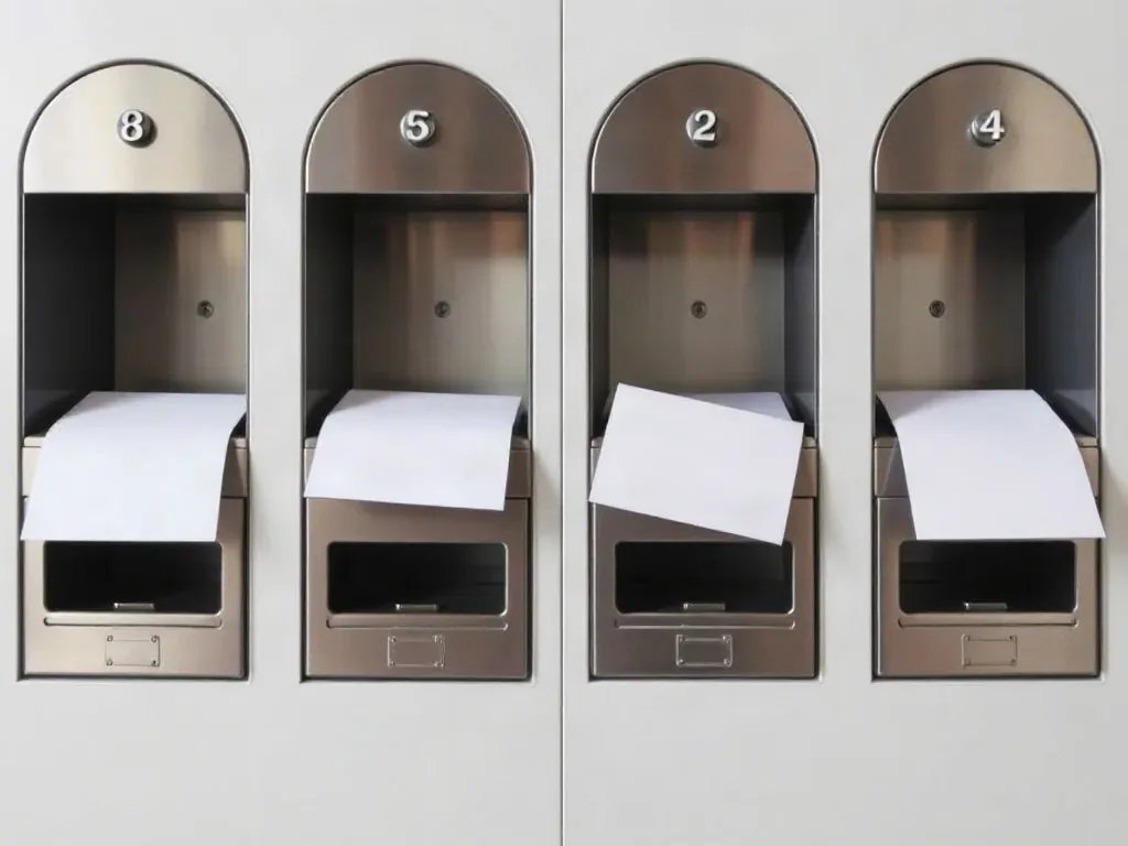Quattro cassette postali numerate, da ognuna sporge l'angolo di un volantino bianco appena consegnato