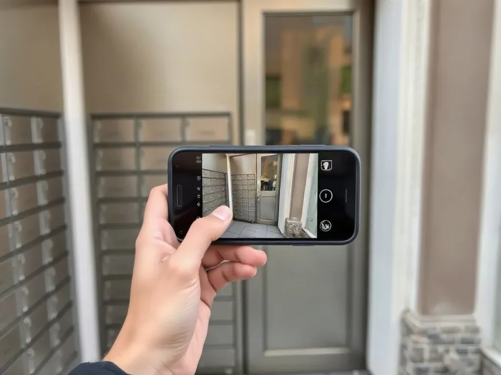 Mano che fotografa con lo smartphone una fila di cassette postali per il report di consegna