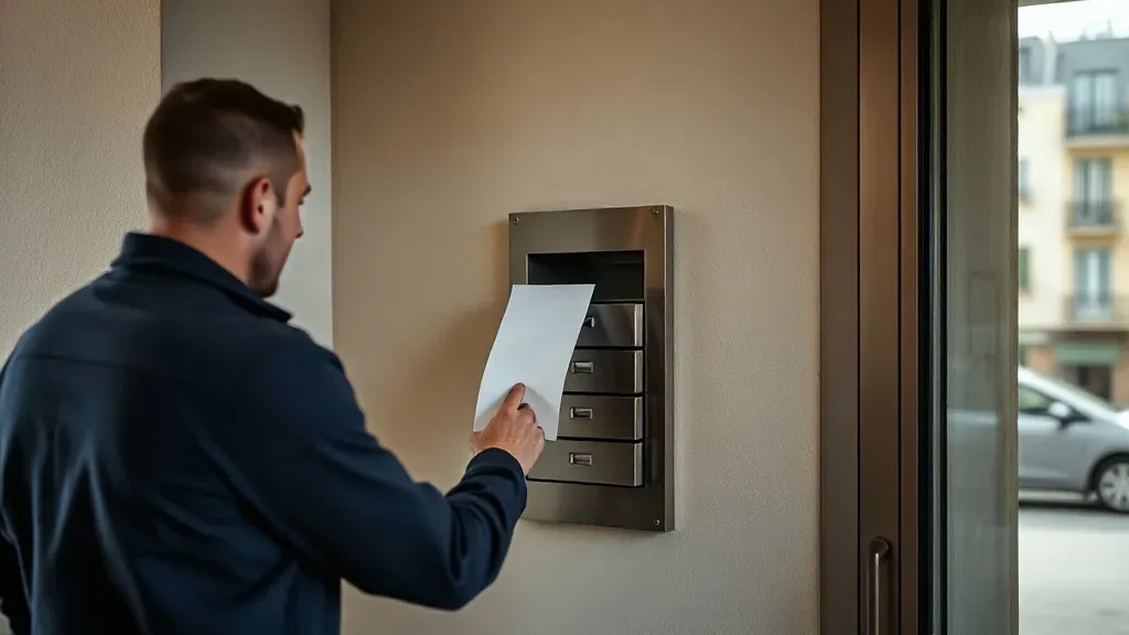 Addetto in giacca da lavoro che infila un foglio piegato in una cassetta postale condominiale d'acciaio, nell'androne di un palazzo