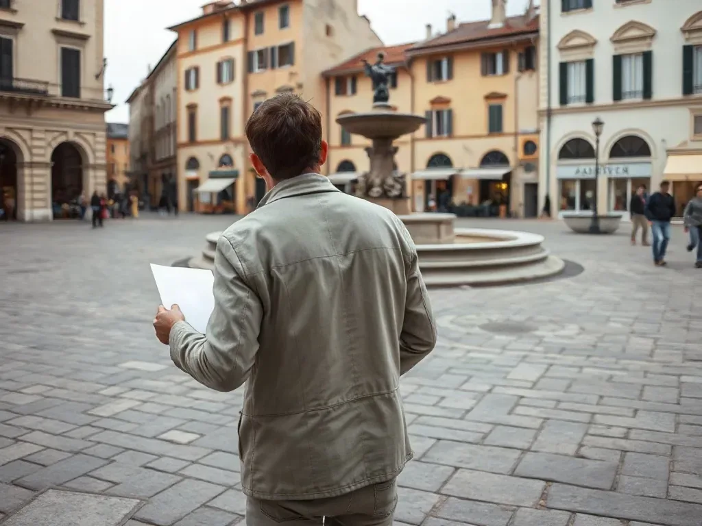 Persona di spalle che porge un foglio a un passante in una piazza lastricata con una fontana